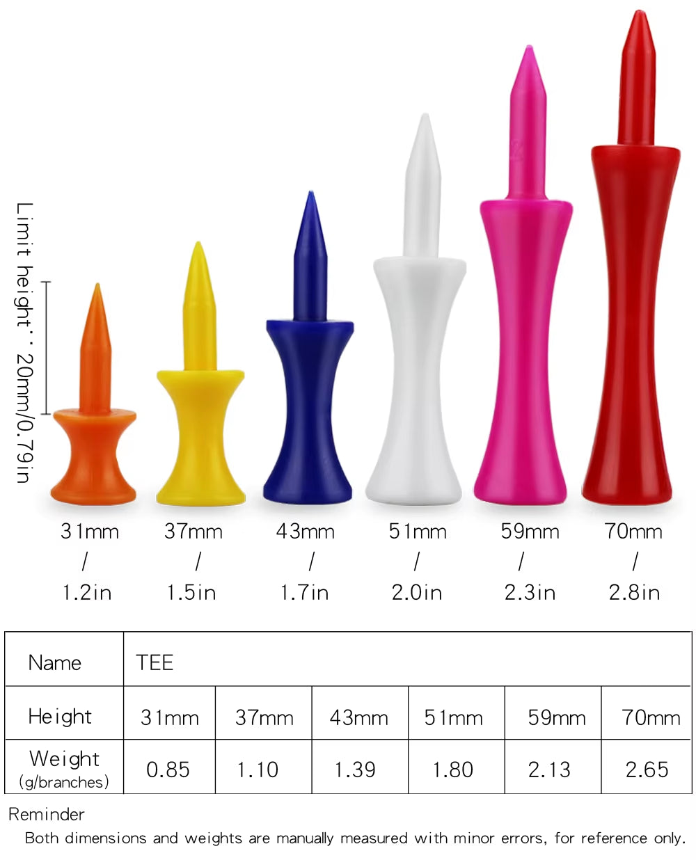 Golf Tees 50 Pcs 100 Pcs Pack Plastic Step down Golf Tee 31Mm 37Mm 43Mm 51 Mm 59Mm 70Mm Length Golf Ball Tees Drop Ship